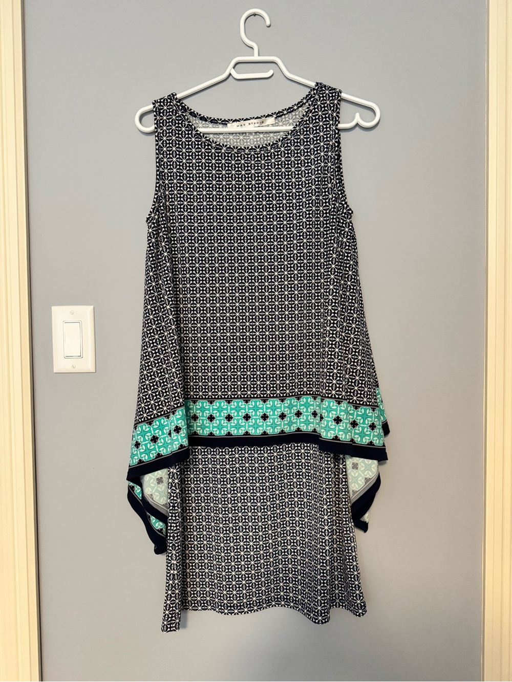 Max Studio Navy Geometric Sleeveless Dress with Teal Band